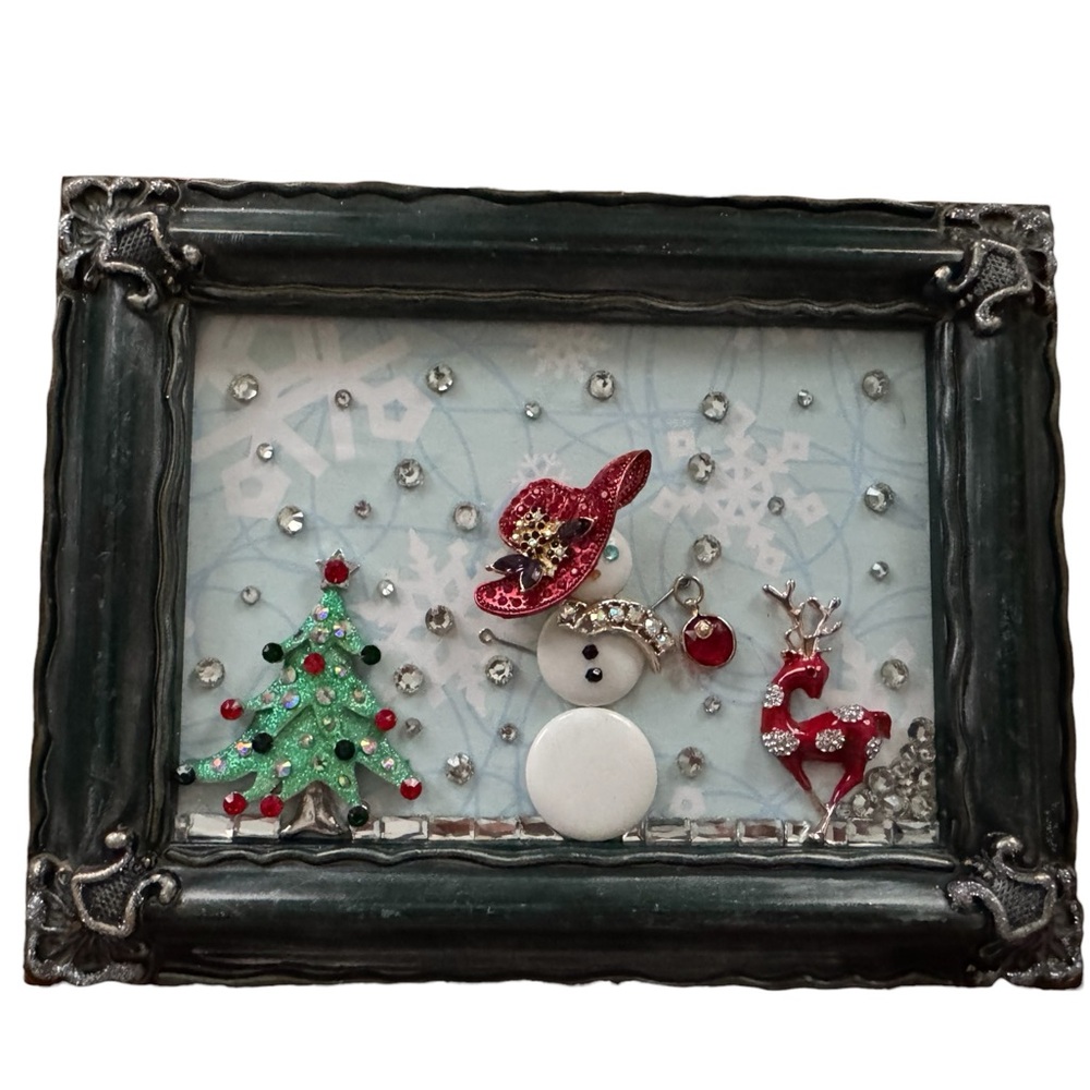 Handcrafted jewelry picture snowwoman scene.  Recycled art  unique